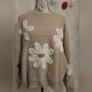 Floral Beige Thread Leaf Fuzzy Sweater/ L